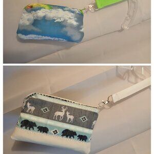 NEW Wristlet Coin Purses Deer or Rainbow Clouds Print Beige Blue Pink White